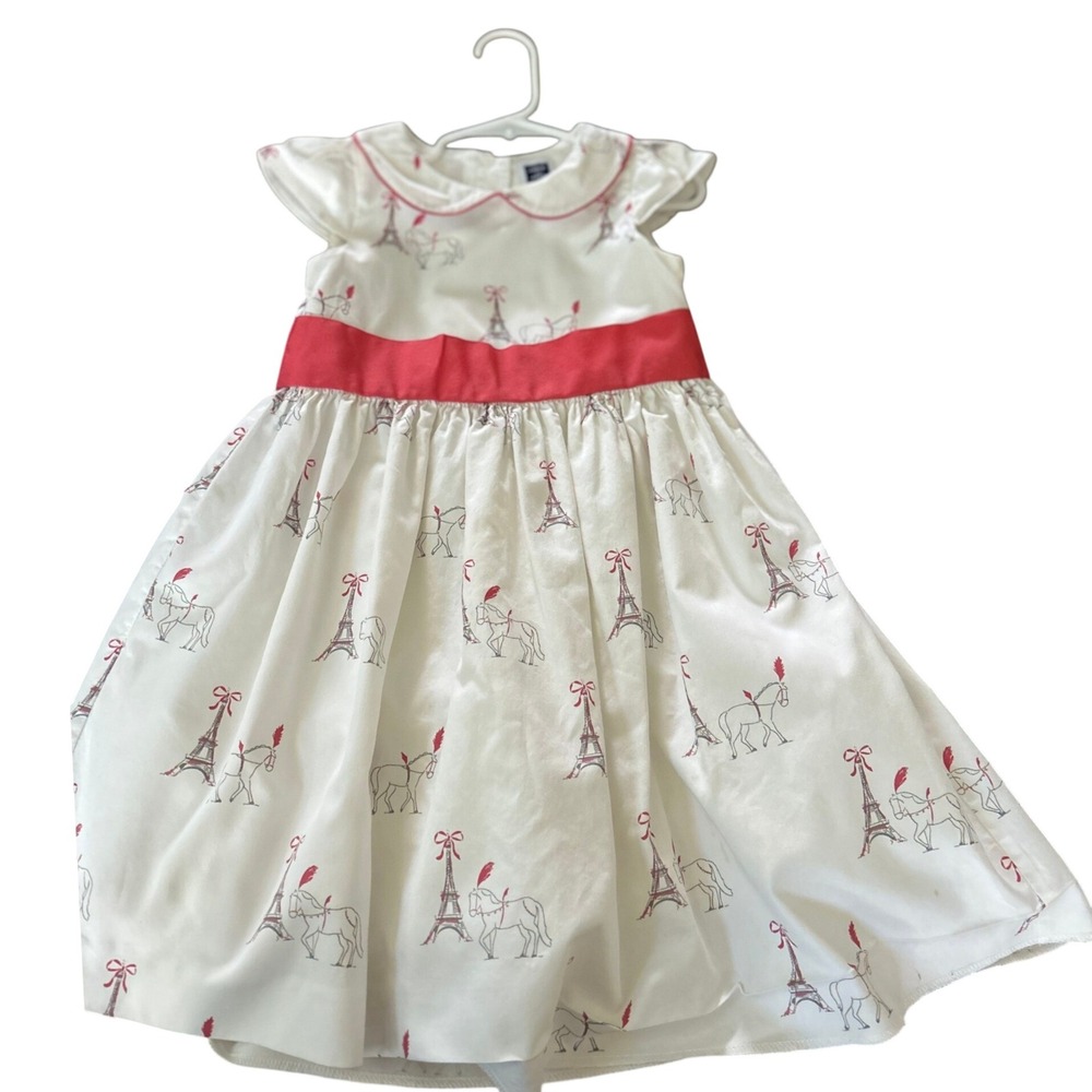 Parisian Eiffel Tower Poodle Print Dress with Red Bow and Peter Pan Collar